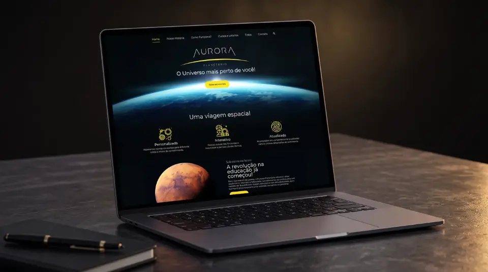 Site Aurora Planetário em computador e celular, projeto da MD Marketing Digital