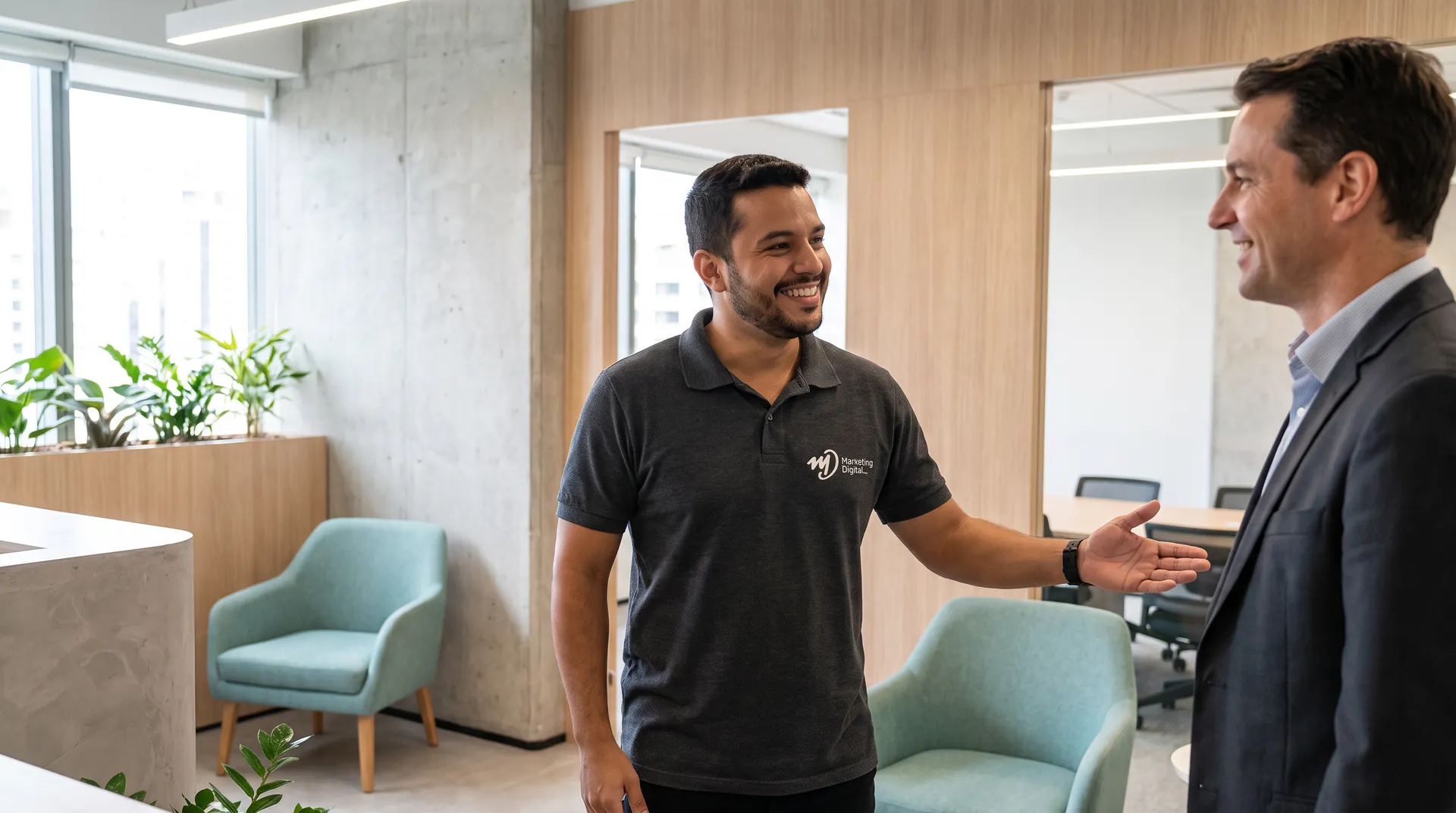 Atendimento a clientes na recepção da MD Marketing Digital