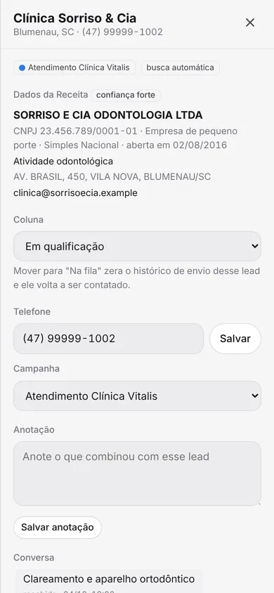 Painel no celular: Ficha do contato