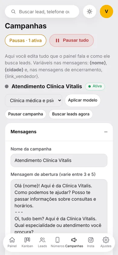 Painel no celular: Mensagens