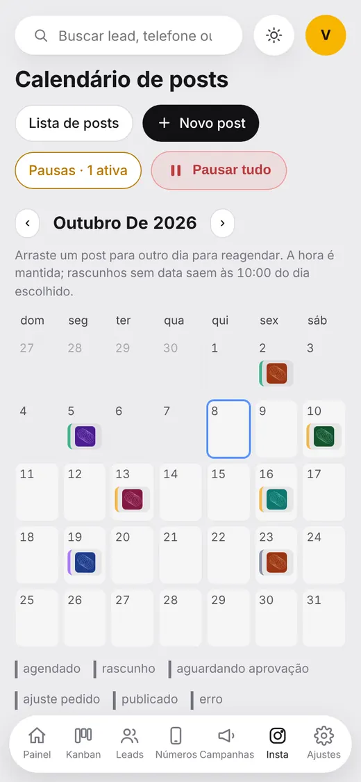 Painel no celular: Calendário